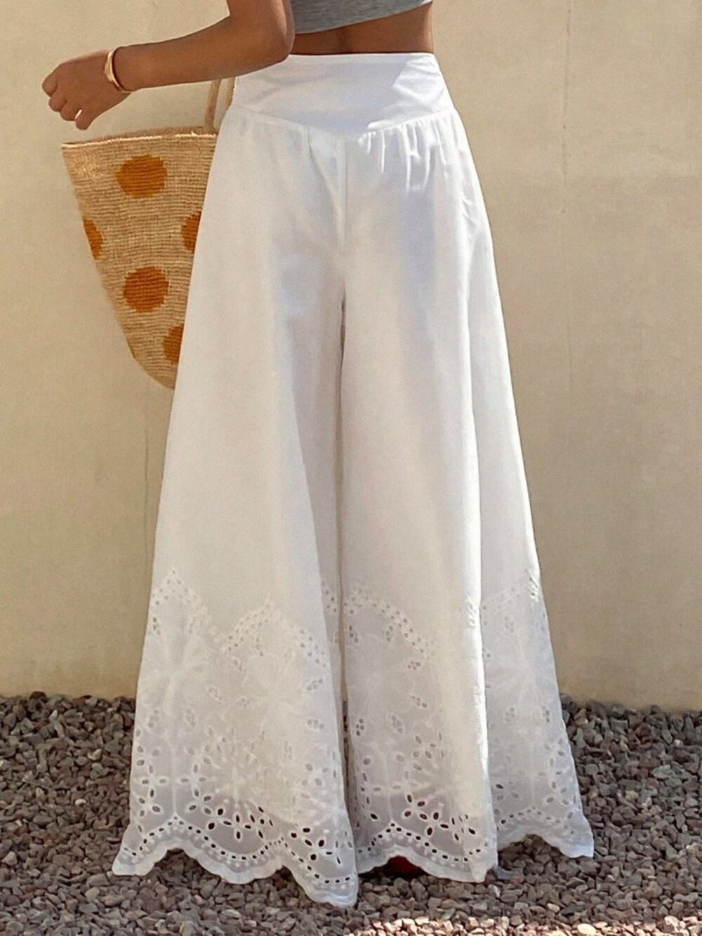 White Casual Women's Lace Hollow Out Tie-Up Pants - Picture 2 of 6